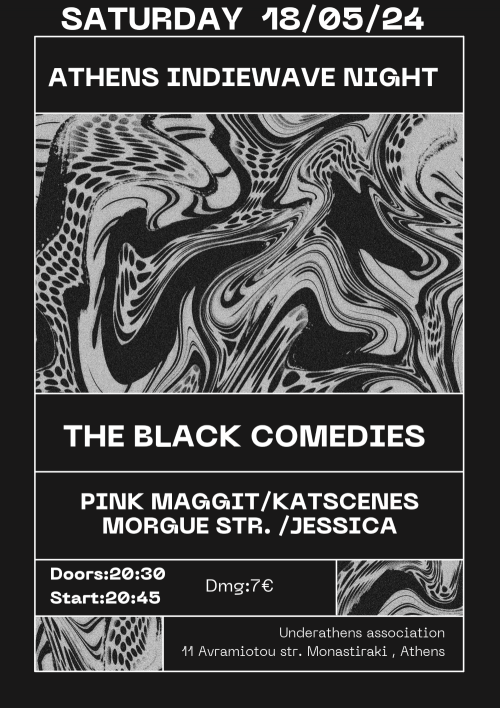 Athens Indiewave Night: The Black Comedies, Katscenes, Pink Maggit, Morgue Str./Jessica vinyl record event banner